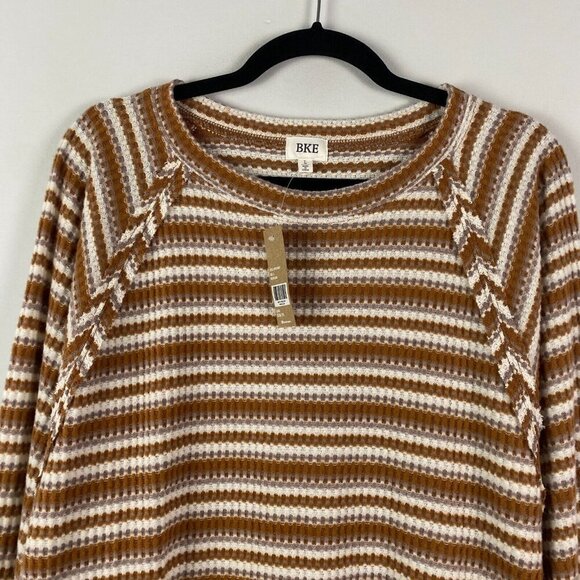 BKE Buckle Knit Top Womens Large Brown Stripe Long Sleeve Stretch - Picture 2 of 10